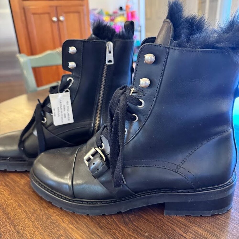 All Saints Womens Size 10/41 Donita Black Leather Combat Boots Shearling Trim